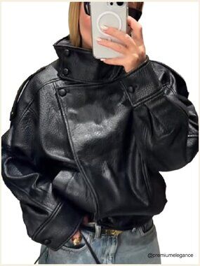 Faux Leather Jacket with Stand Collar Long Sleeve Zipper Outerwear Casual